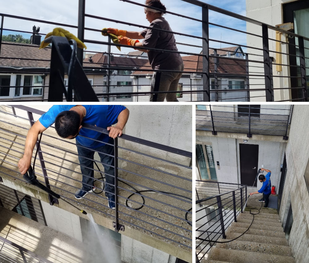 군포시 야외 계단 고압세척 - 찌든때와 녹조, 곰팡이를 완벽하게 제거합니다. 관한 작업사진입니다.